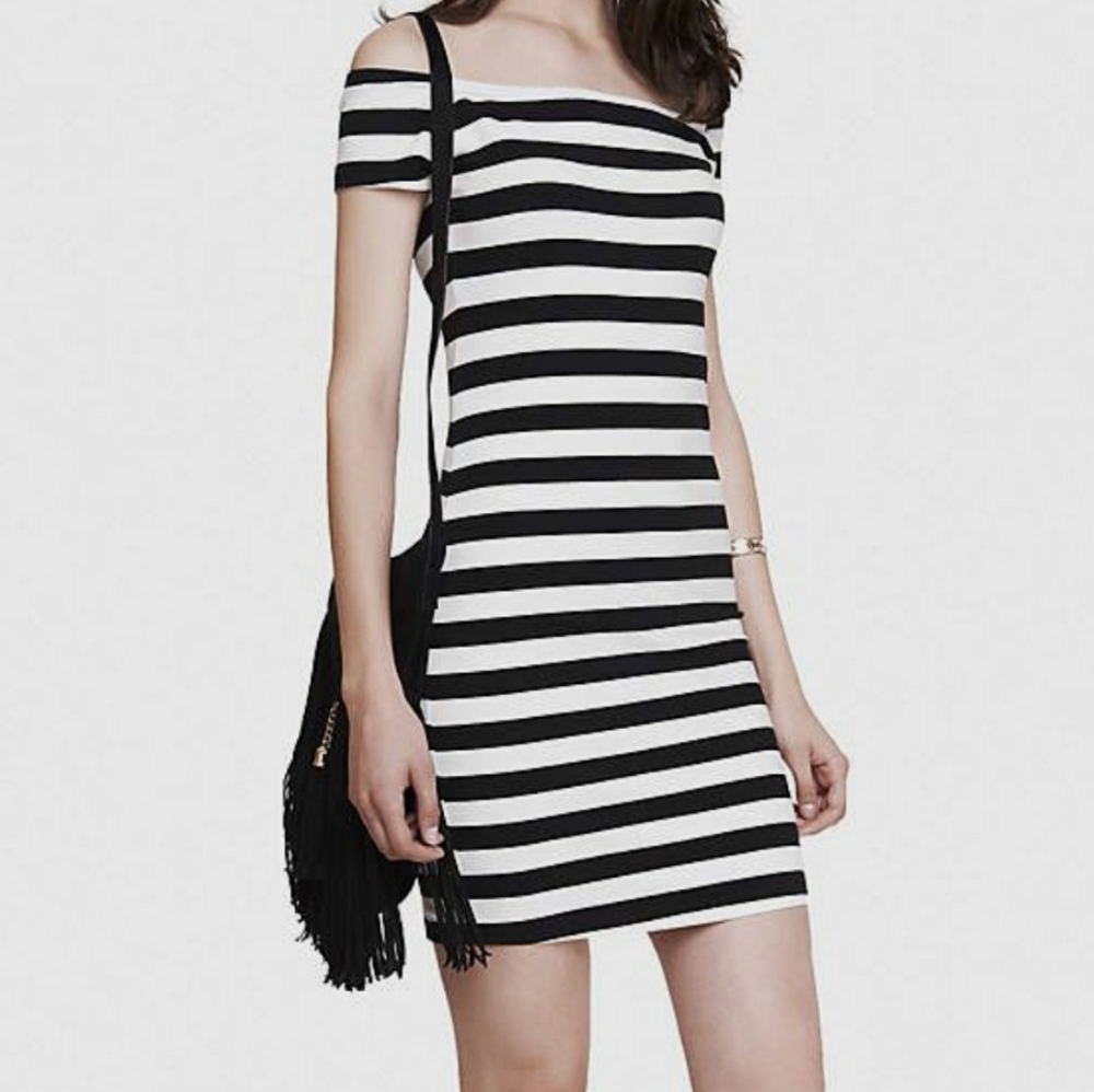 Express Black and White Stripes Off the Shoulder Dress